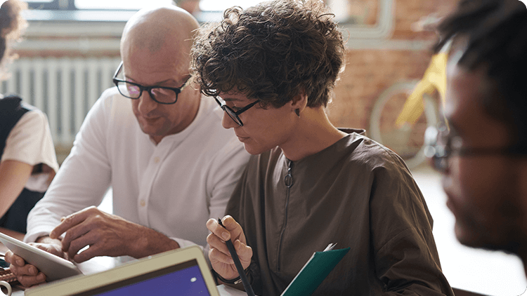 a woman and man working