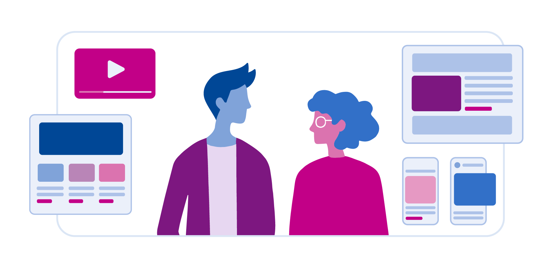 People surrounding by various platform windows