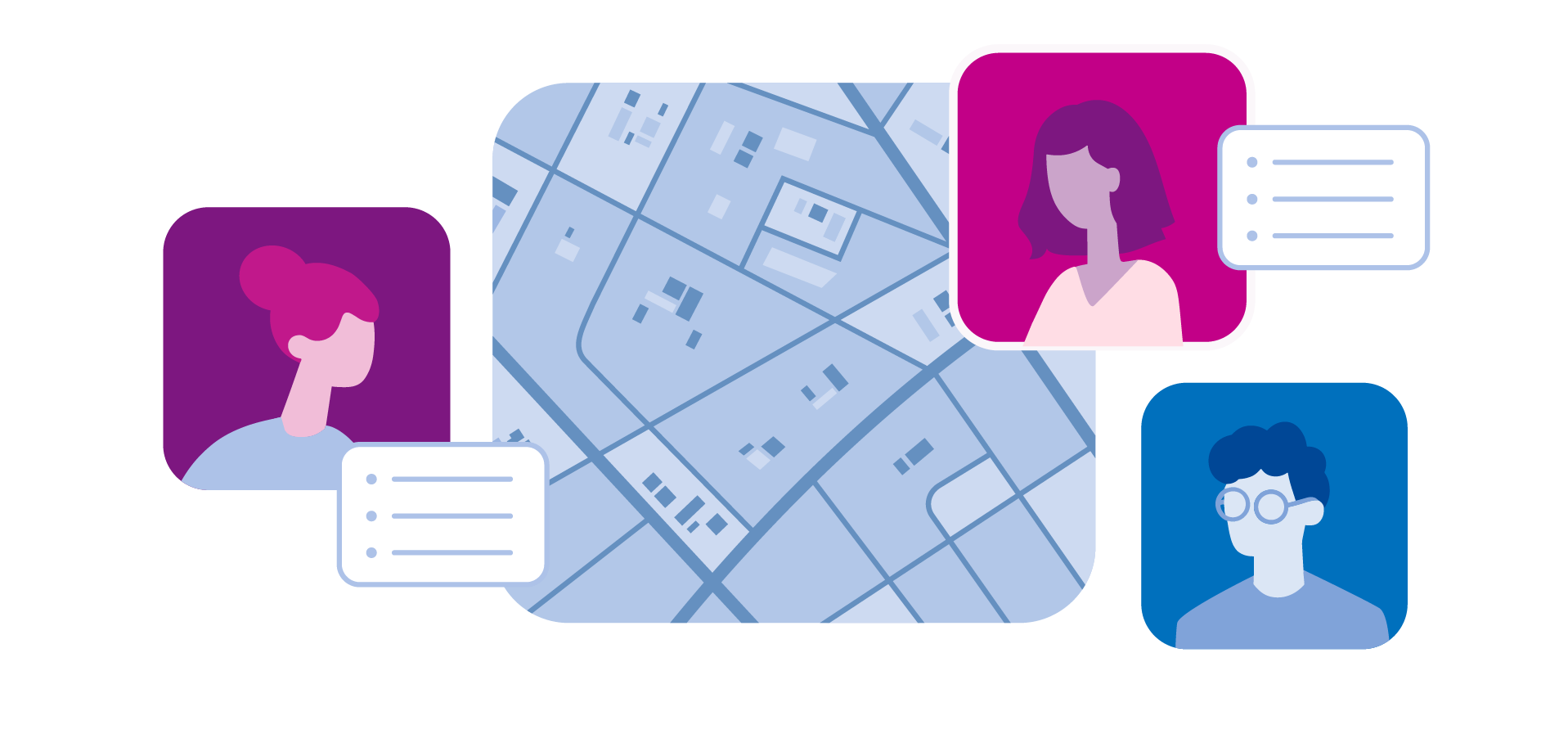 Map grid with people's profiles floating around it