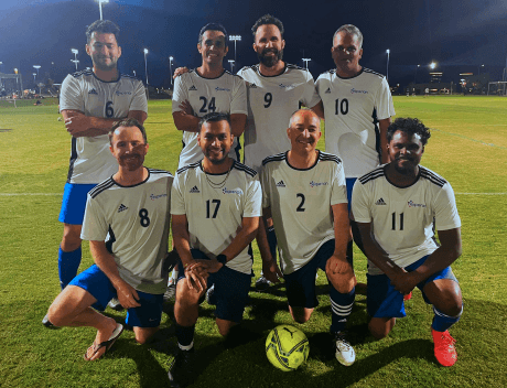 Experian employees posing for the camera during one of our soccer games