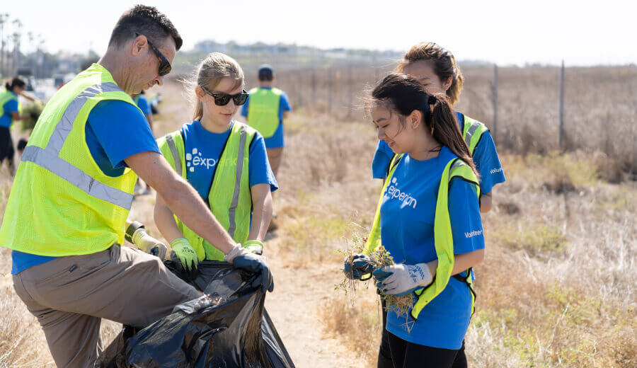 Group of Experian volunteers picking up trash on the side of the road