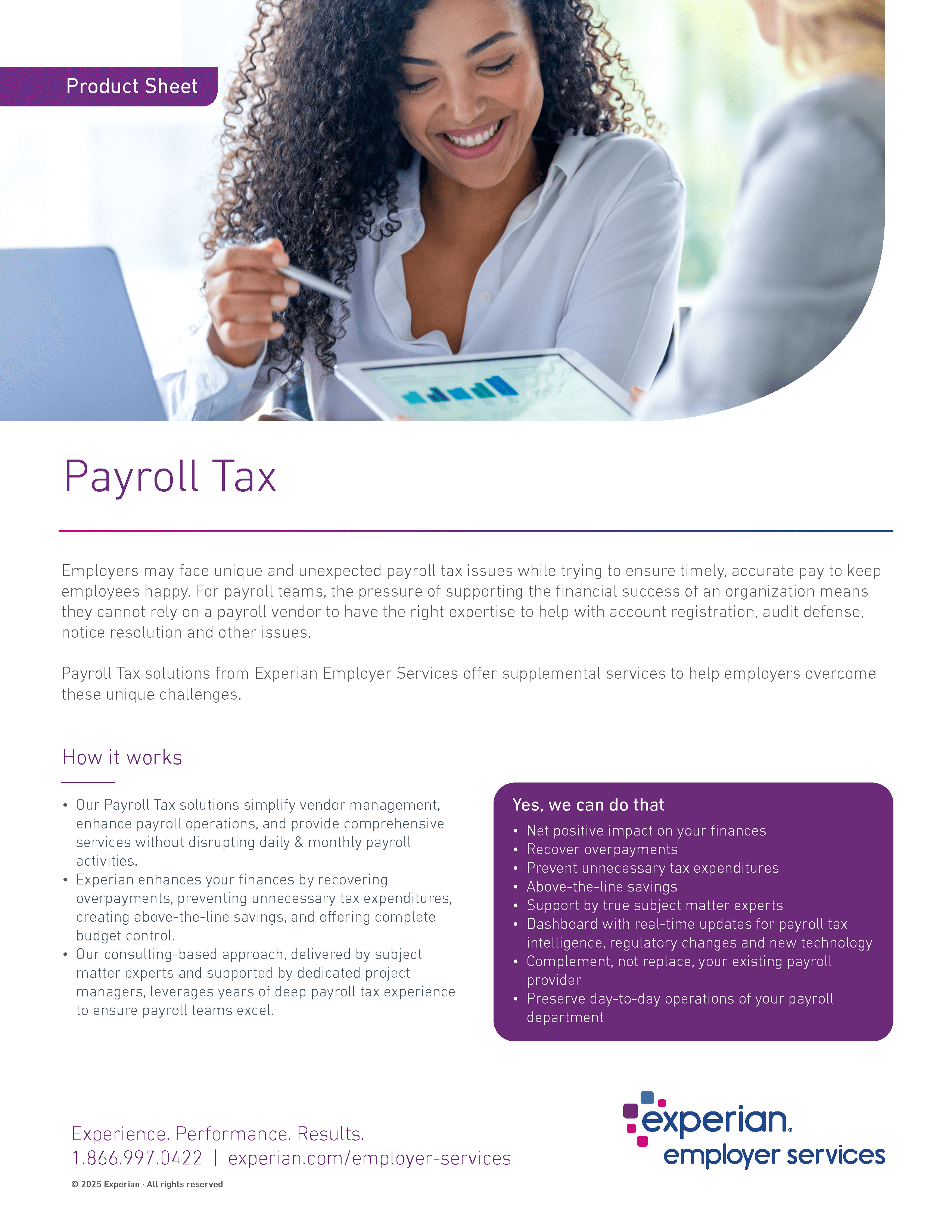 First page of Payroll Tax product sheet