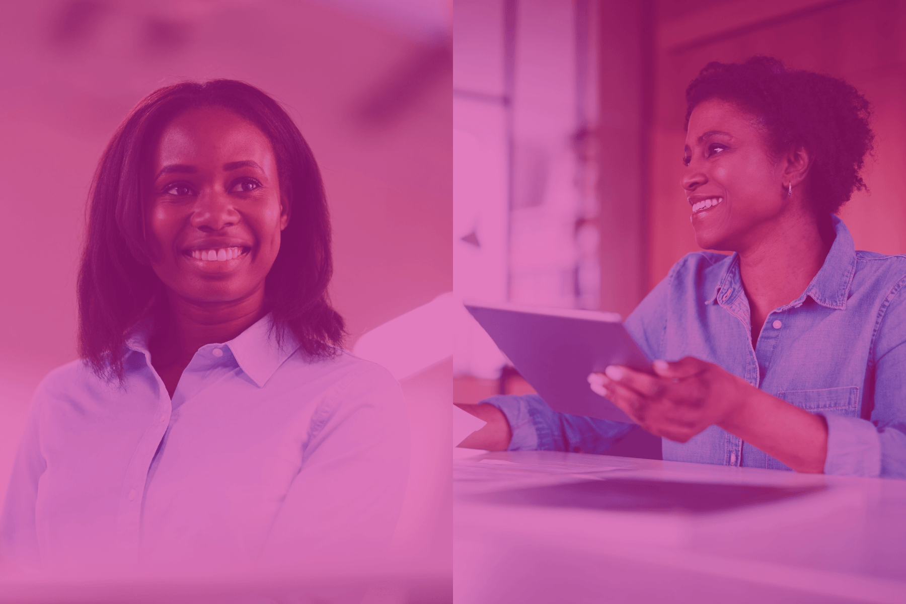Two smiling women in a professional office setting, one holding a tablet.