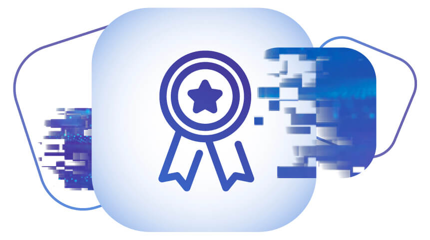 Blue award ribbon icon, centered on light blue squircle, with blue tech-gitch squircles on edges.
