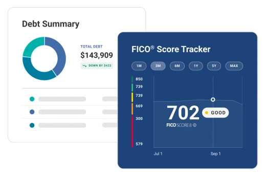 Graphic score tracker and debt summary.