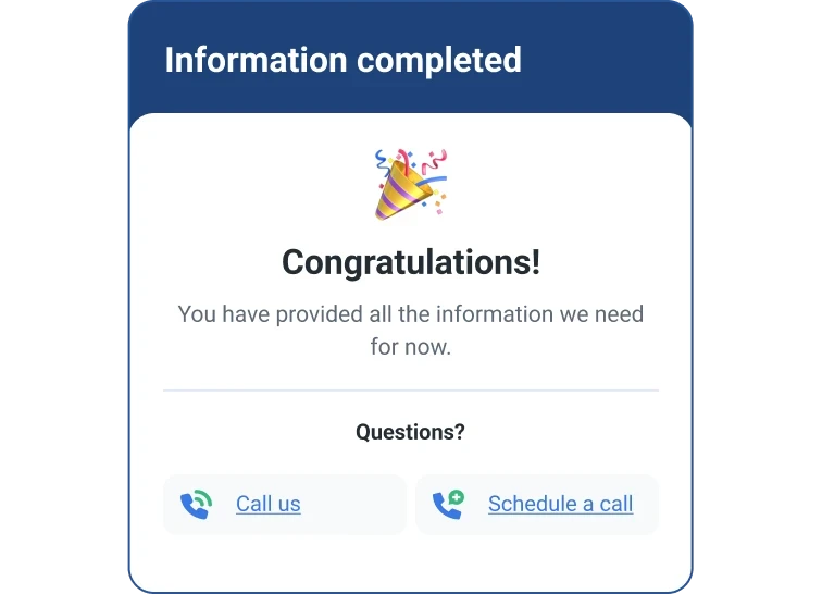 Graphic auto insurance qustion congratulations screen.