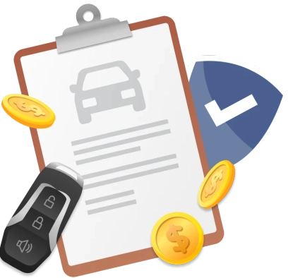 Gráfico de portapapeles de seguro de auto con dinero, escudo y llavero.